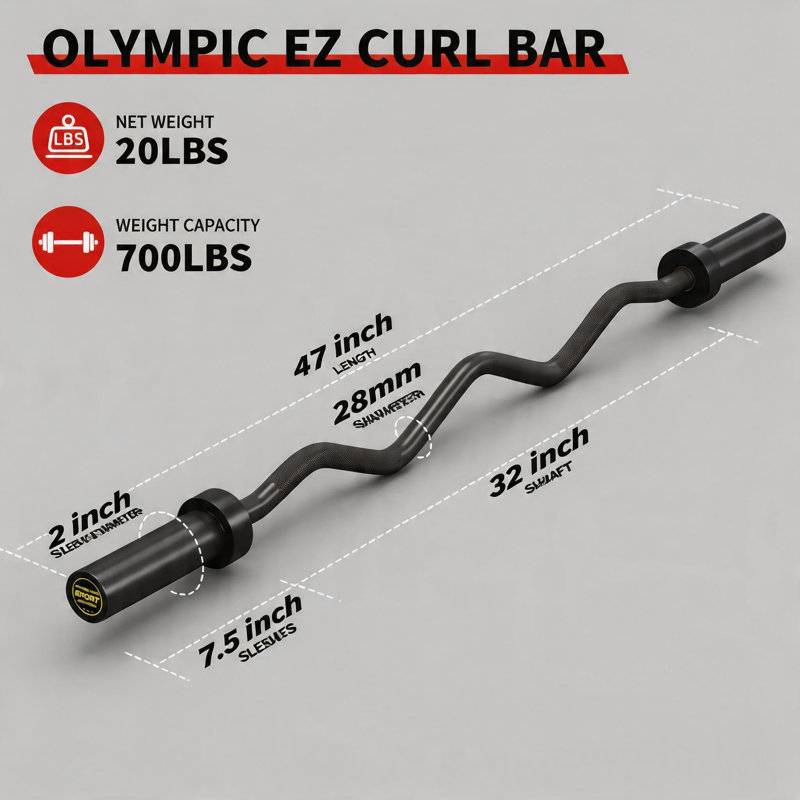 EZ Curl Barbell Bar 47" – Professional Curl Bar for Biceps, Triceps, Squat & Hip Thrusts, 700lb Weight Capacity, Fit 2-Inch Plates – Home Gym Strength Training Bar
