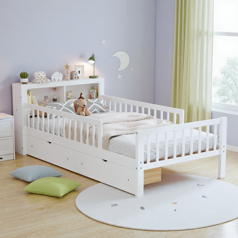 Élégant lit simple blanc avec garde-corps de sécurité, rangement spacieux et design moderne, Blanc
