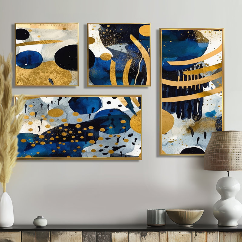 Motif abstrait avec textures bleues - art mural moderne bleu 4 pièces, Impression encadrée sans passe-partout, Doré