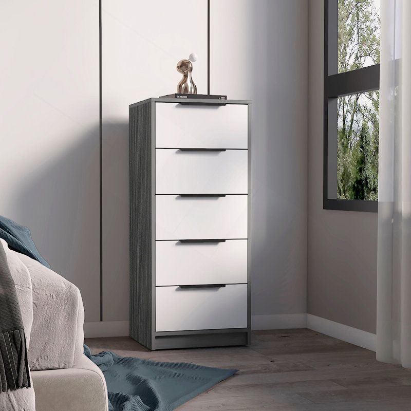 Commode rectangulaire à 5 tiroirs, commode rectangulaire en wengé noir et chêne clair, Blanc