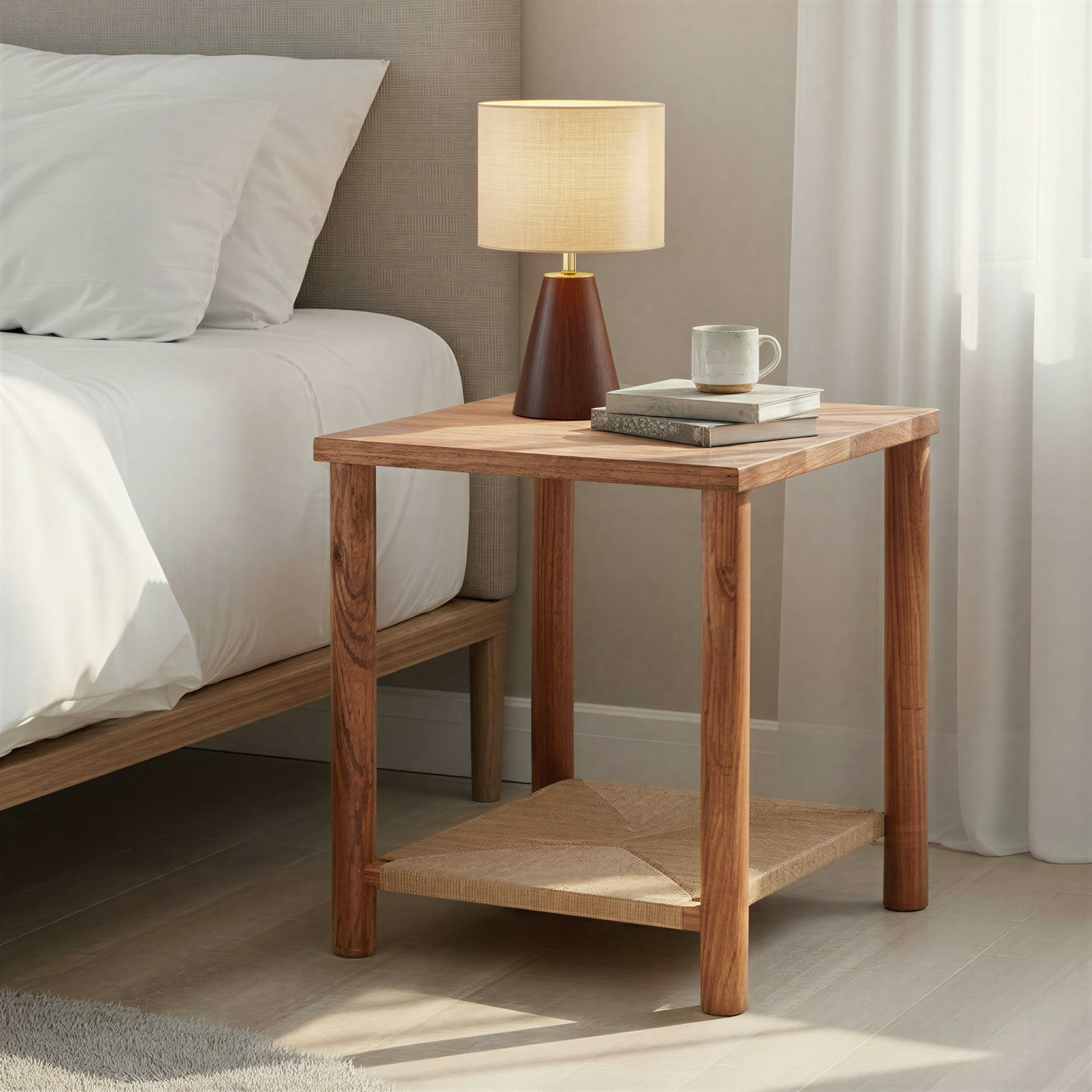 Square Acacia Wood And Jute Side Table