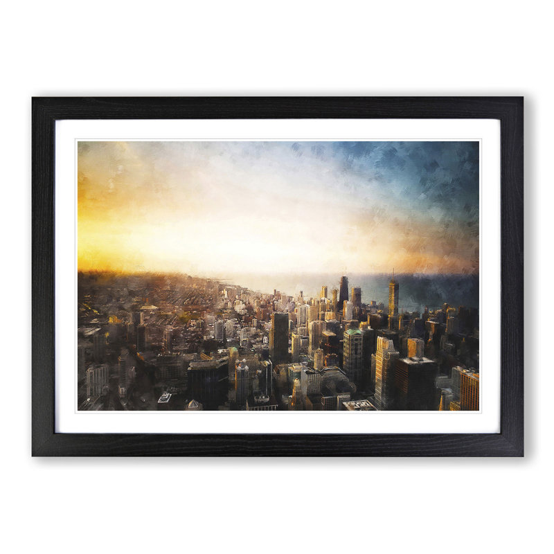 High over the Chicago Skyline - Picture Frame Painting Print, 45cm H x 63cm W x 2cm D, Black Framed