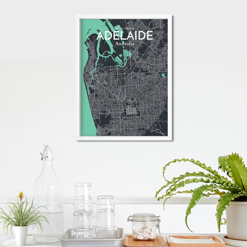 Adelaide City Map, impression, H 24 po x l 18 po, Vert / gris