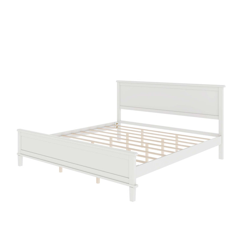Lit plateforme en bois de style Mid-Century avec tête de lit et lattes en bois, aucun sommier nécessaire, Blanc