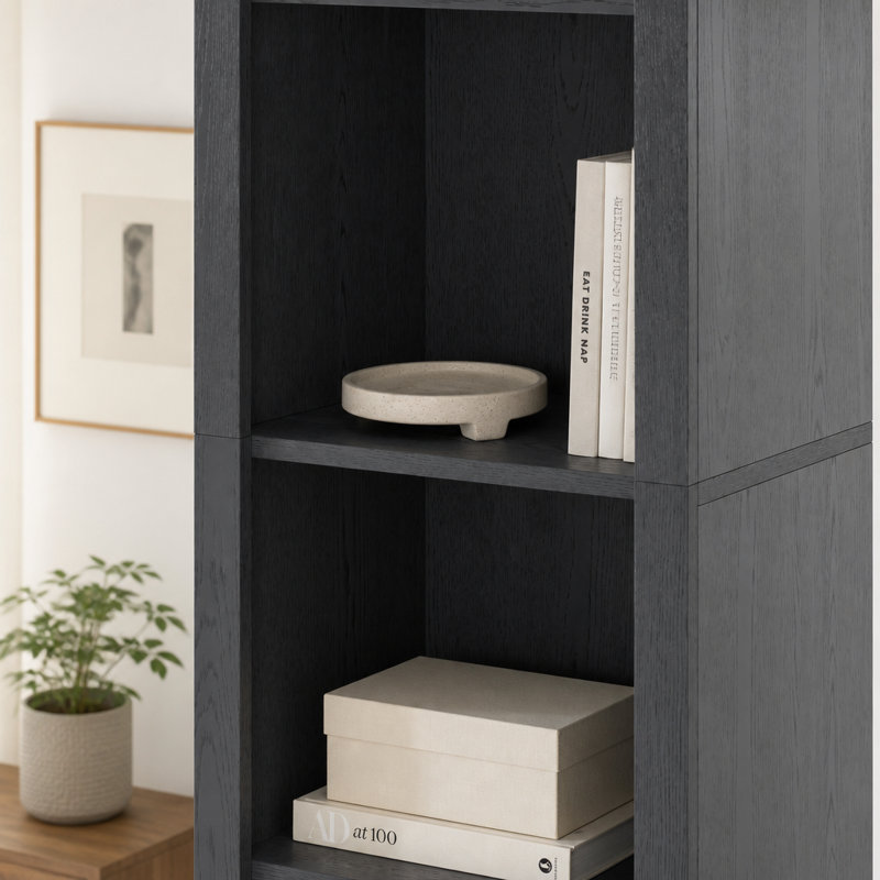 Petite bibliothèque arquée de 67 po à 5 niveaux avec tablette de rangement ouverte Mid-Century, Black