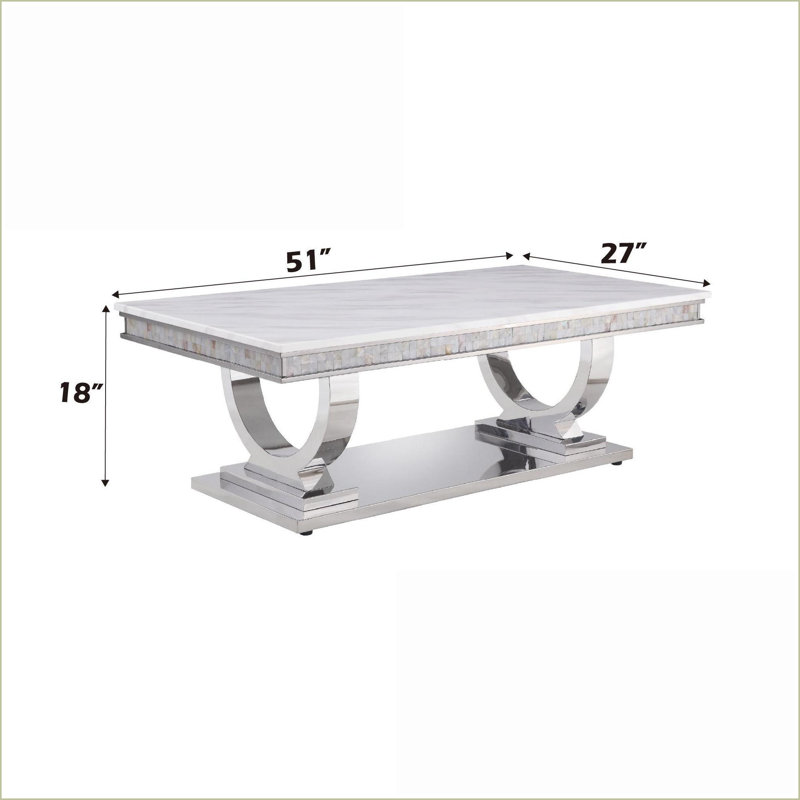 Table basse White Zander avec plateau en marbre de culture de 18 mm Cadre argenté en miroir - Centre de table moderne et élégant
