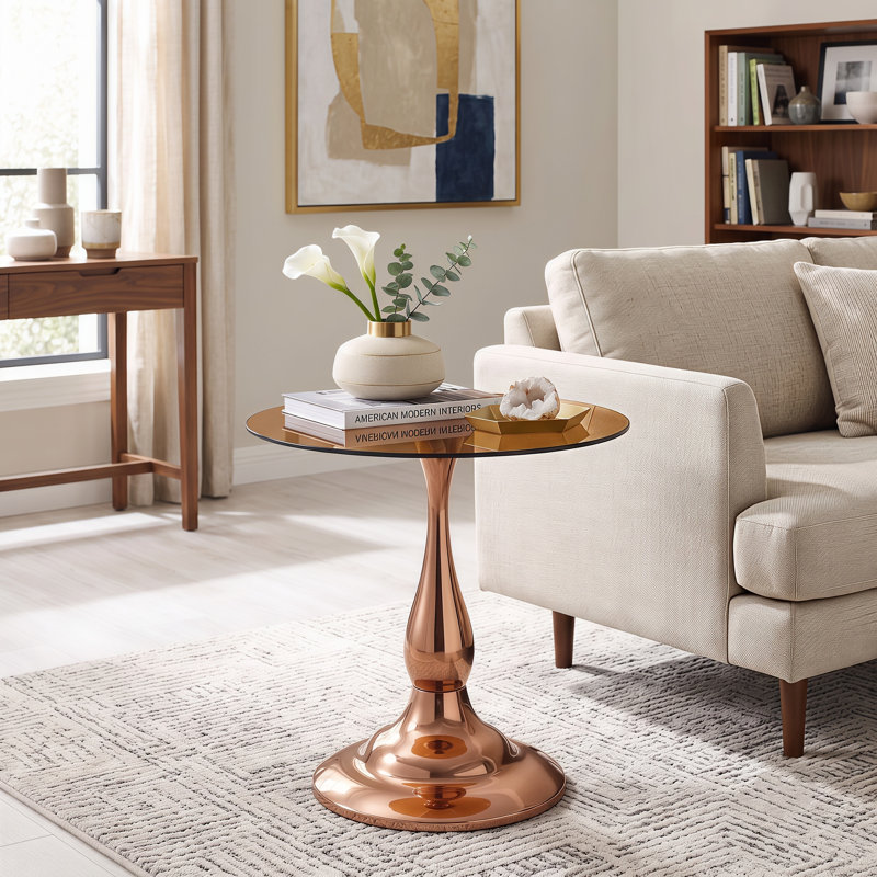 Table d'appoint ronde moderne de 50 cm (19,6 po) en verre trempé avec pied central en métal, Amber/Gold