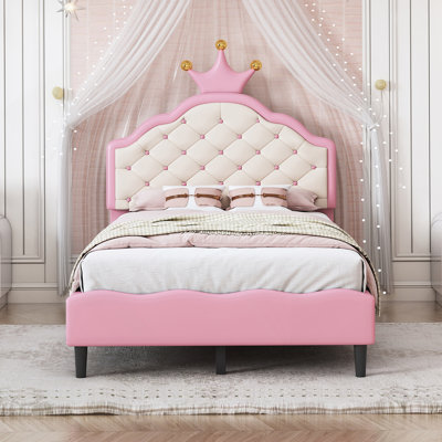 Lit princesse en cuir PU avec tête de lit capitonnée Enchanting Crown Fantasy, parfait pour créer une ambiance de chambre à coucher de rêve