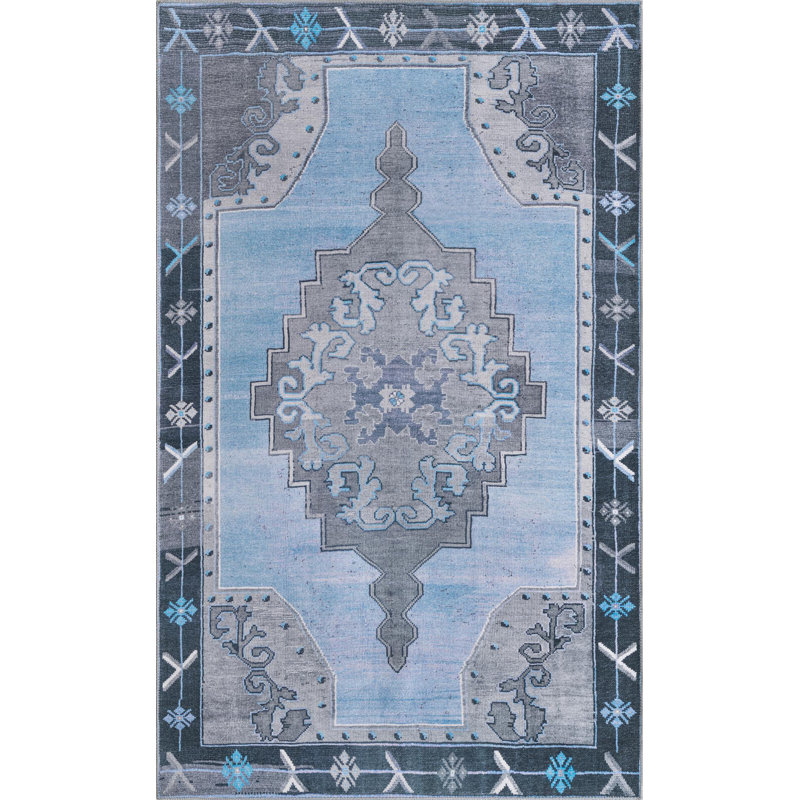 Tapis traditionnel de couleur gris-bleu, Rectangle 5 pi x 8 pi