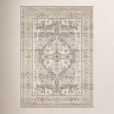 Abena Beige Gray Medallion Oriental Wool Rug