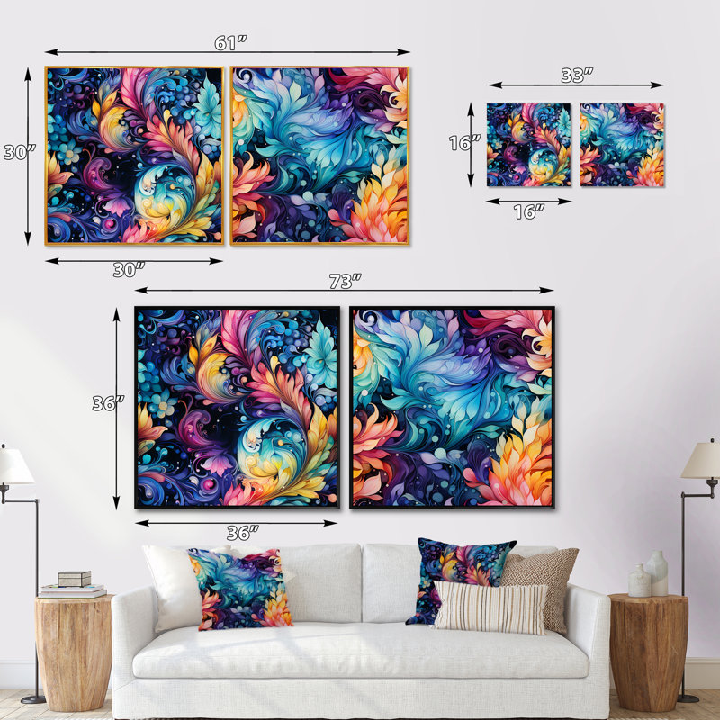 Twickenham - Ensemble de 2 collages floraux et botaniques carrés, Cadre flottant noir, H 30 po x l 61 po
