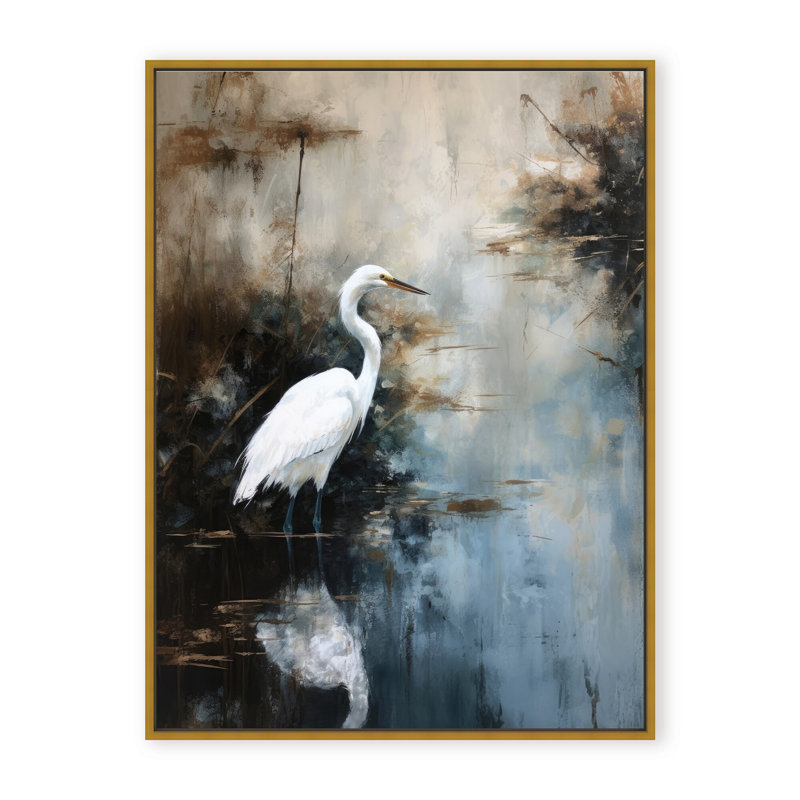 Nature Inspired Egret In Lake, 30" H x 24" W x 1.125" D, Brown, Framed Print