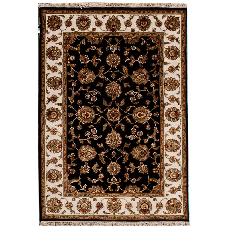 Tapis noir et ivoire de haute qualité noué à la main