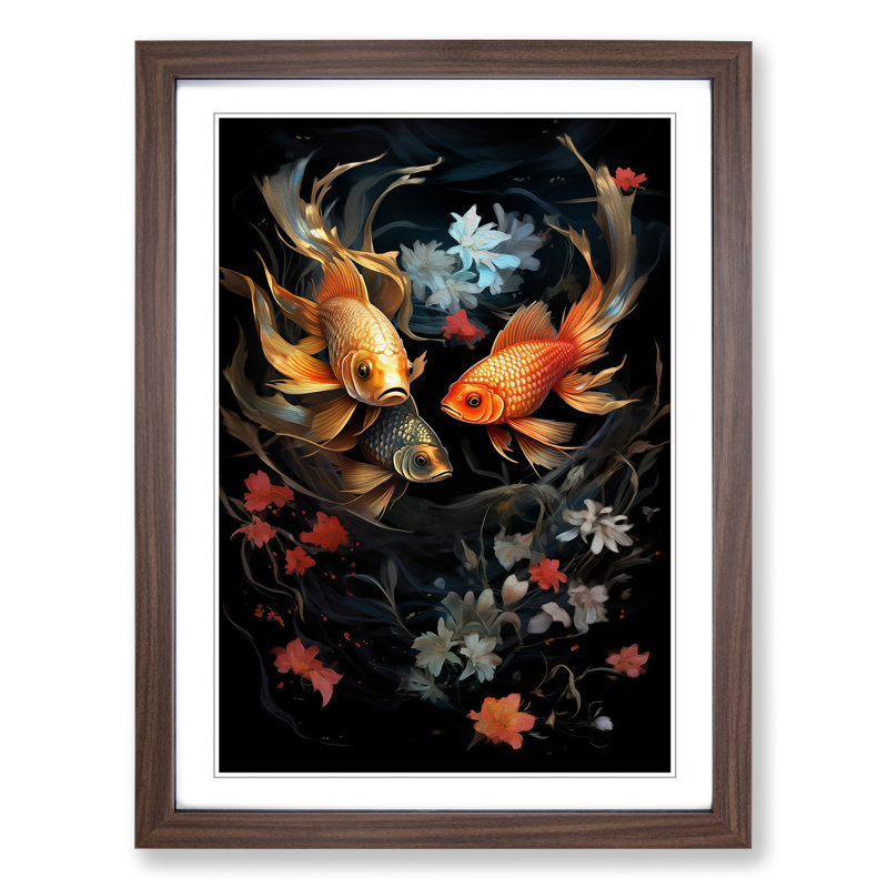 Pisces Fish Zodiac Classicism No.2 - Single Picture Frame Print on Wood, 46cm H x 34cm W x 2cm D, Walnut Framed