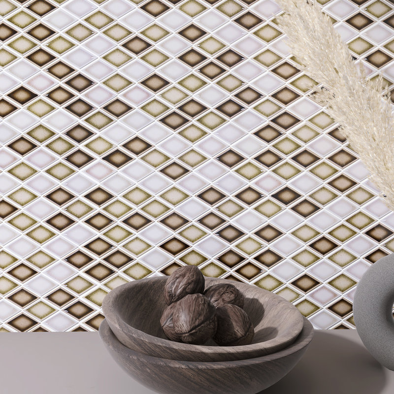 Handmade 11.82 in. x 11.93 in. Geometric Glossy Porcelain Mosaic Wall and Floor Tile, Brown/White