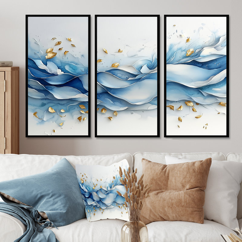 Blue Gold Ferns Gentle Breeze - ensemble de 3 fougères, H 28 po x l 36 po, Impression encadrée sans passe-partout, Noir