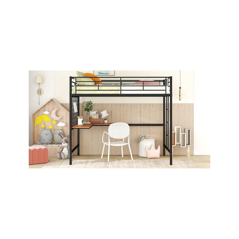 Lit mezzanine double en métal avec bureau et grille en métal, noir