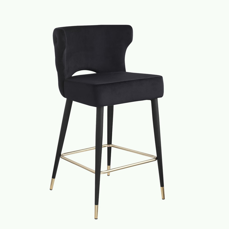 Black Velvet Upholstered Counter Height Bar Stools with Gold Tipped Legs