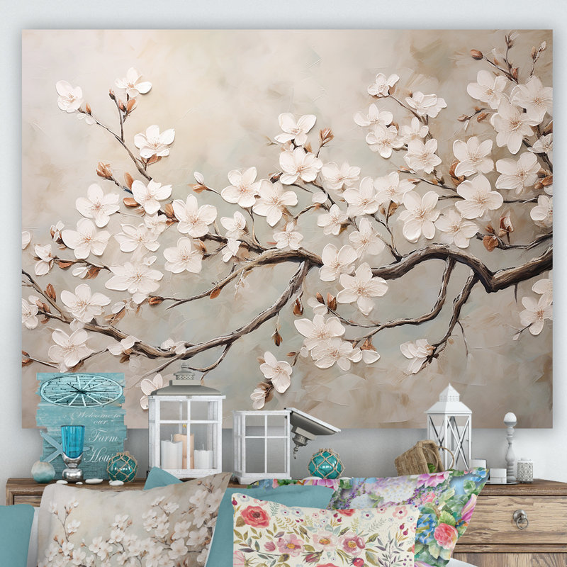Minimalisme blanc et gris Cherry Blossom III - art mural Cherry Blossom, H 34 po x l 44 po x P 1,5 po, Toile tendue