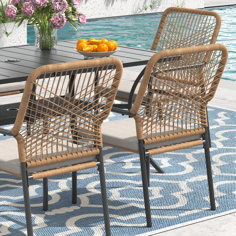 6-Person Patio Dining Set with Rectangular Dining Table and Cushioned Stackable Rattan Chairs