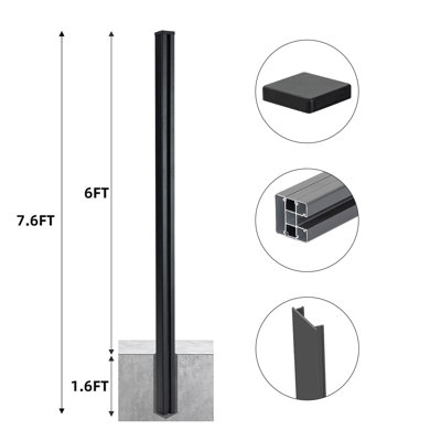 7.6ft H Aluminum In-Ground Fence Post - Set Of 1 (In-ground 1.6ft, Groud 6ft )