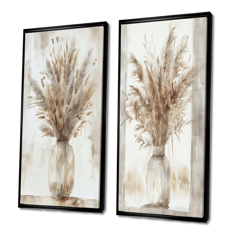 Beige White Boho Plant Chic I - Boho Feather Wall Art 2 Pieces Set, 32" H x 32" W, Black, Framed Print