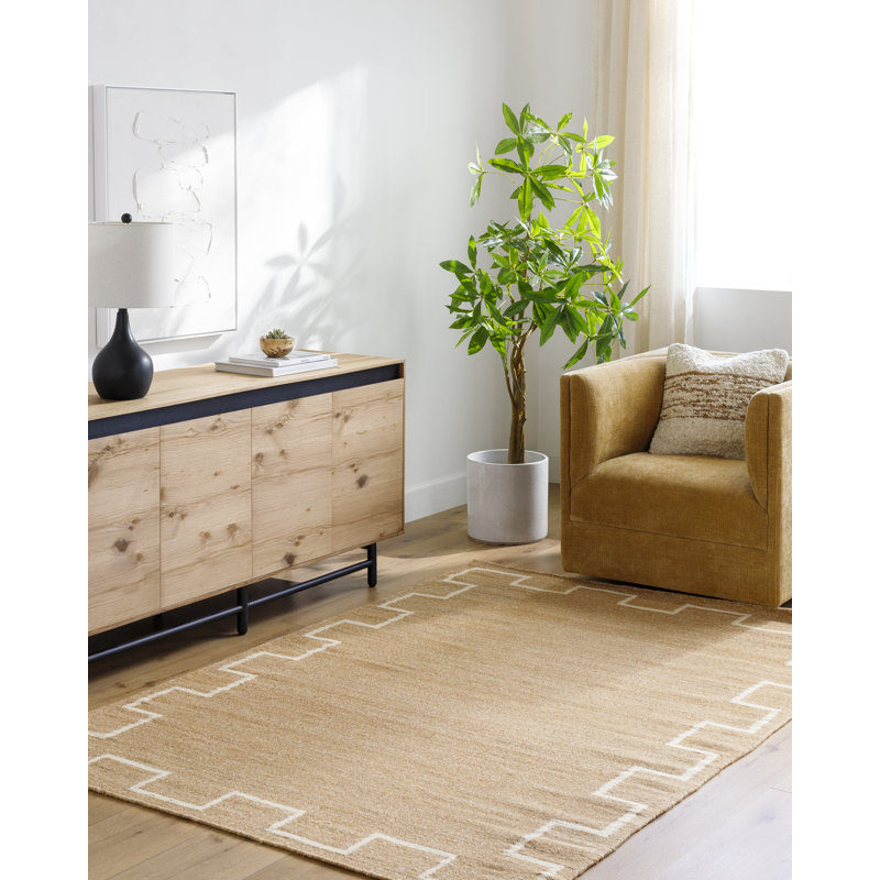 Tapis brun / blanc rectangulaire en laine tissé à la main à motif rectangulaire marocain Jerrylène