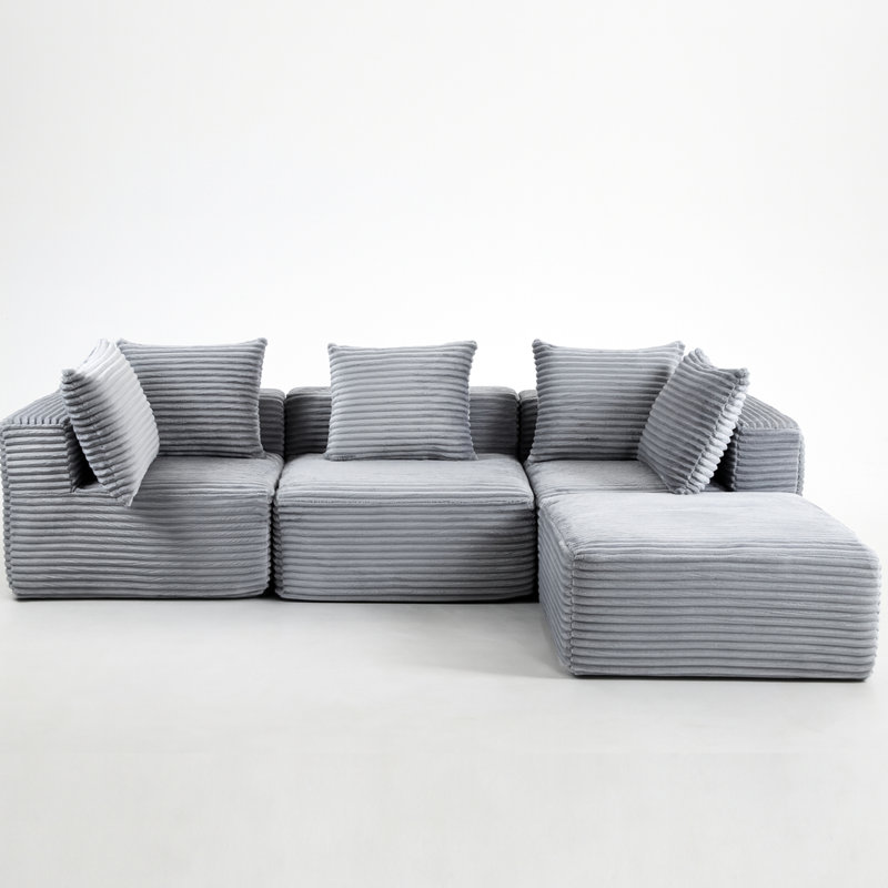 Velours côtelé gris 4 places, look moderne, coussins moelleux, sans assemblage, aménagement modulaire pour des espaces de vie confortables en velours côtelé, structure
