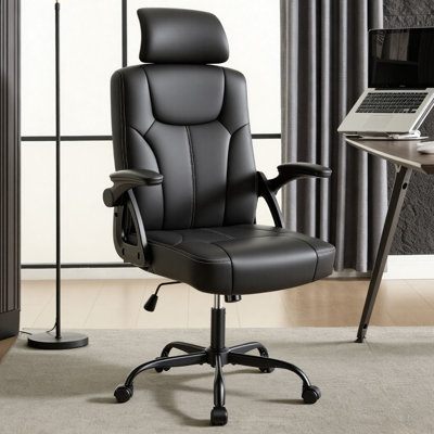 Fauteuil de bureau de direction en cuir PU à dossier haut, avec accoudoirs et appui-tête relevables, ergonomique et pivotant à 360°, idéal pour étudier ou travailler au bureau (noir).