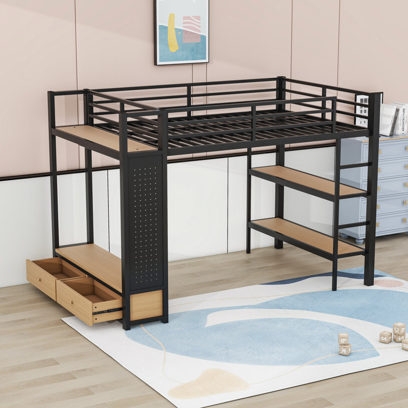 Lit mezzanine avec garde-robe, tablettes de rangement et panneau perforé, Double