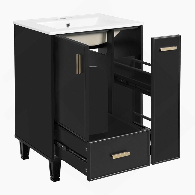 Meuble-lavabo de salle de bain avec lavabo, armoire avec tablette de porte, tiroir profond, panier coulissant, cadre solide et planches de qualité pour un rangement pratique
