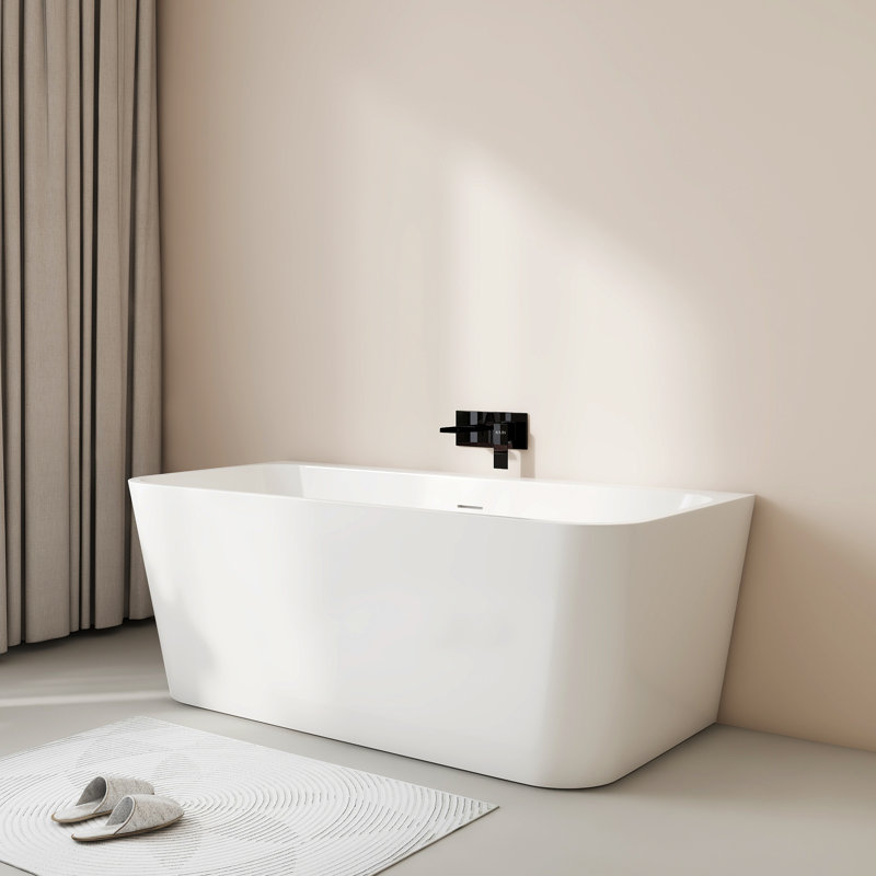 HIGEINE 59"  Acrylic Freestanding Bathtub, Deep Soaking Tub, Modern Back To Wall Tub with Integrated Center Drain and Overflow