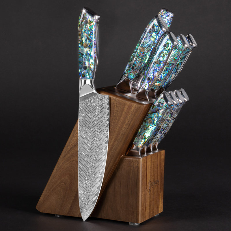 Senken Knives 11-Piece Damascus Knife Block Set with Abalone Shell Handle - 67-Layer Japanese Steel