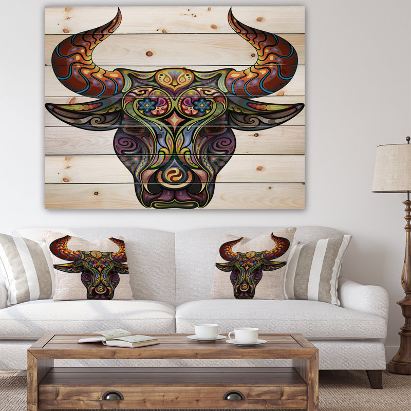 « ornemental bull », impression, H 15 po x l 20 po x P 1 po, Bois