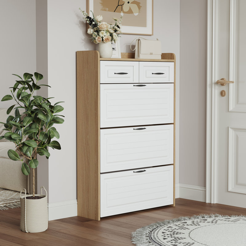 1250 White +Oak Color Shoe Cabinet  With 3 Doors 2 Drawers,Large Space For Storage