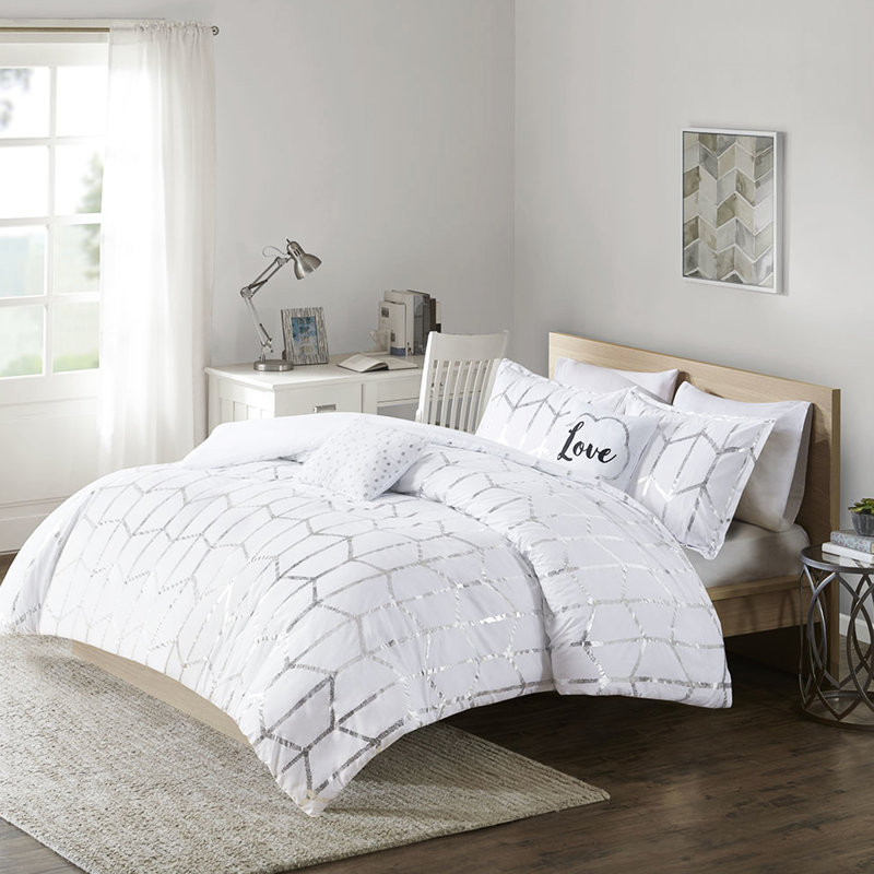 Oreiller et édredon double / grand imprimé métallique - géométrique argenté sur fond blanc, 2 taies décoratives, coussins décoratifs, imprimé confort, microfibre douce, froissable, lavable à la machine