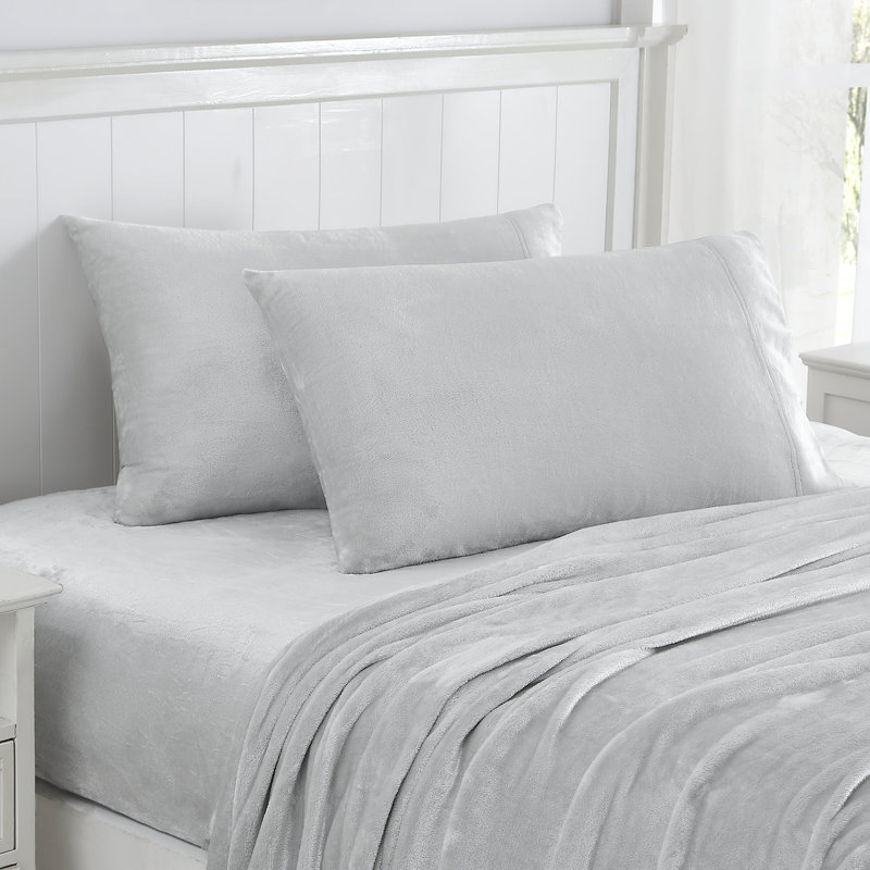 Ensemble de draps en molleton ultra doux Microplush - Grand, gris, Gris, Ensemble de draps pour grand lit avec 2 taies d'or