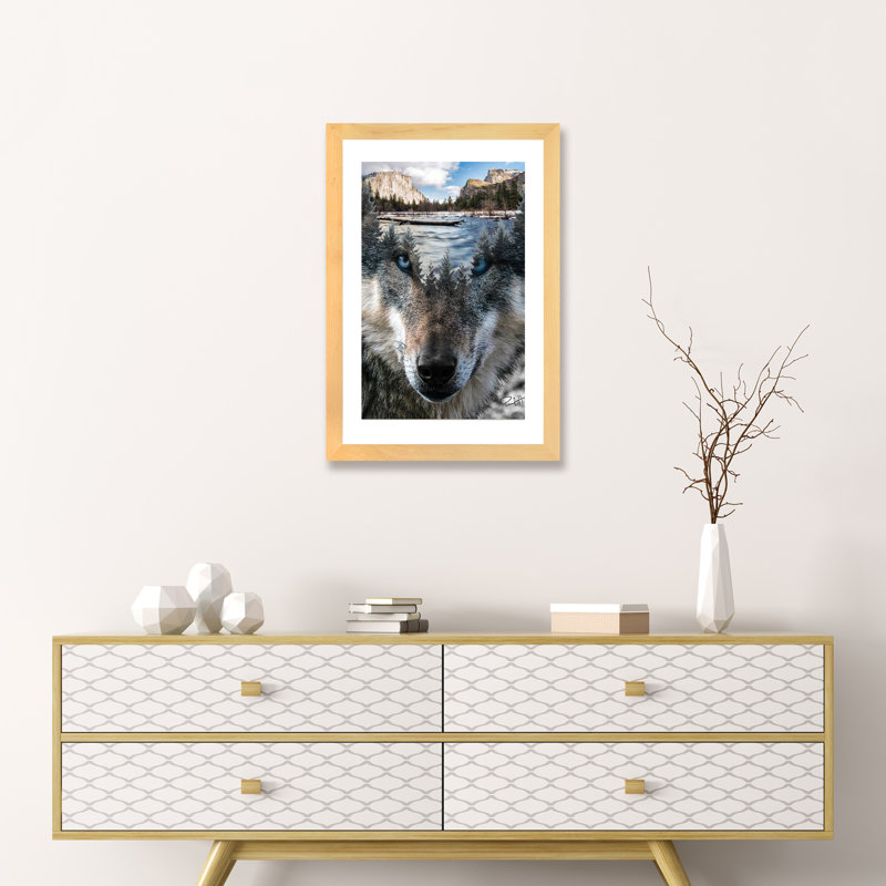 « loup » par paul haag-impression sur image, H 24 po x l 16 po x P 1 po, Toile avec cadre en bois beige