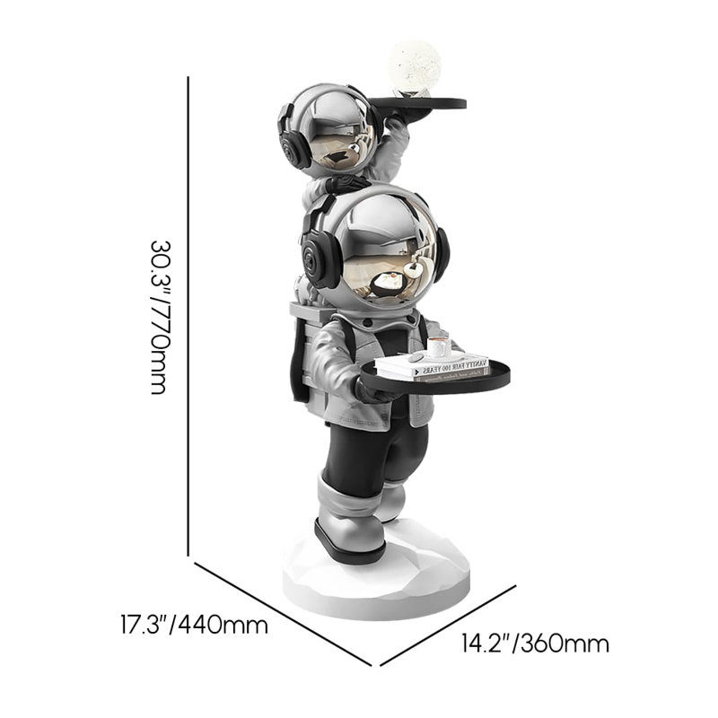Astronaut Resin Figurine Side Table With Tray Top, Silver/Black