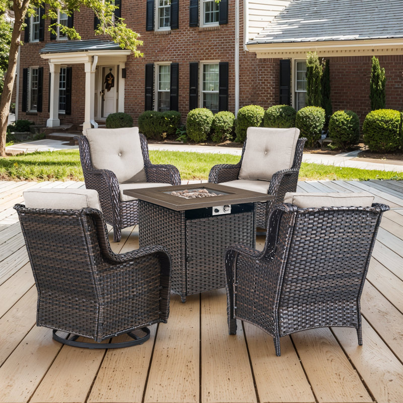 Ensemble de patio extérieur en osier avec coussins 5 pièces, Beige, Brun
