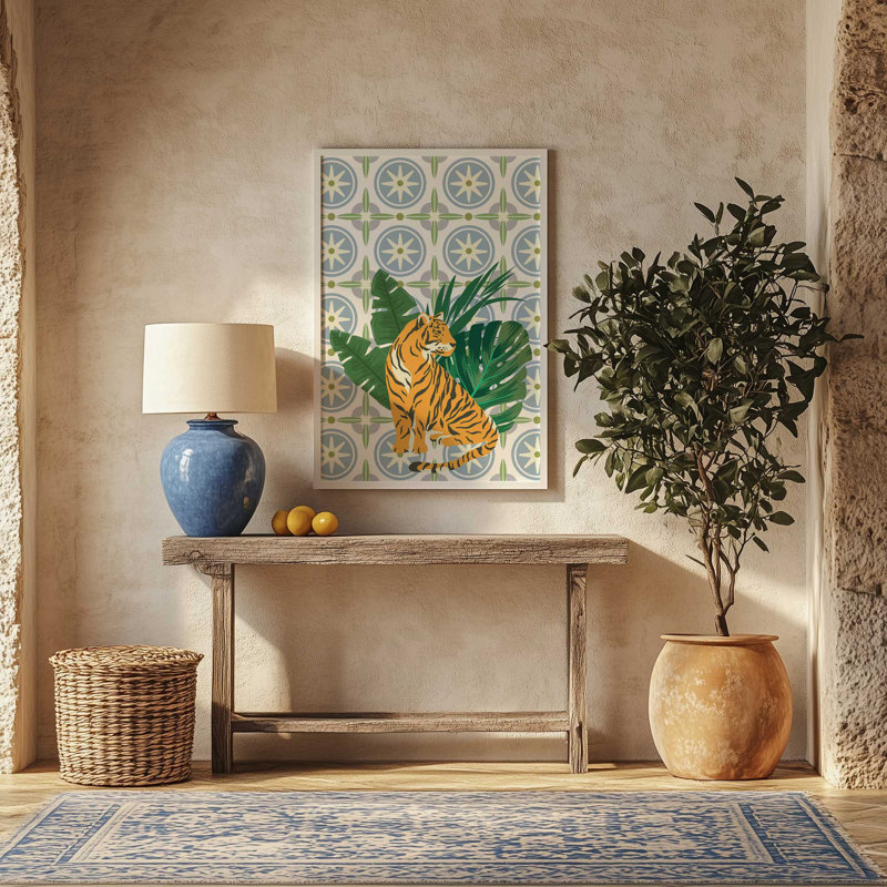 Tigre et motif tropical, H 15,25 po x l 12,25 po, Zinc patiné