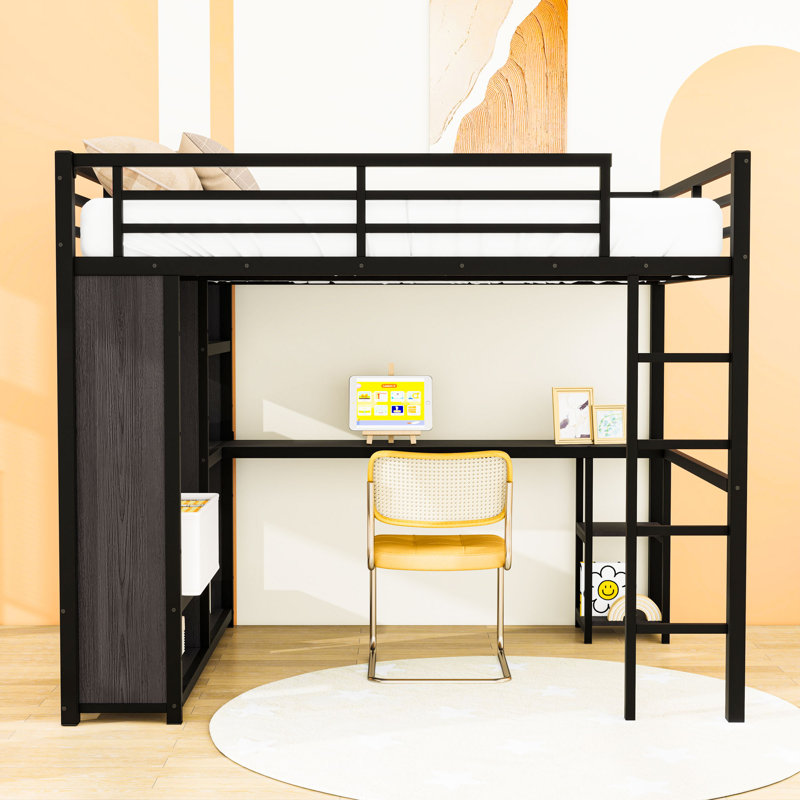 Metal Loft Bed with Wardrobe and Desk, Black, Queen