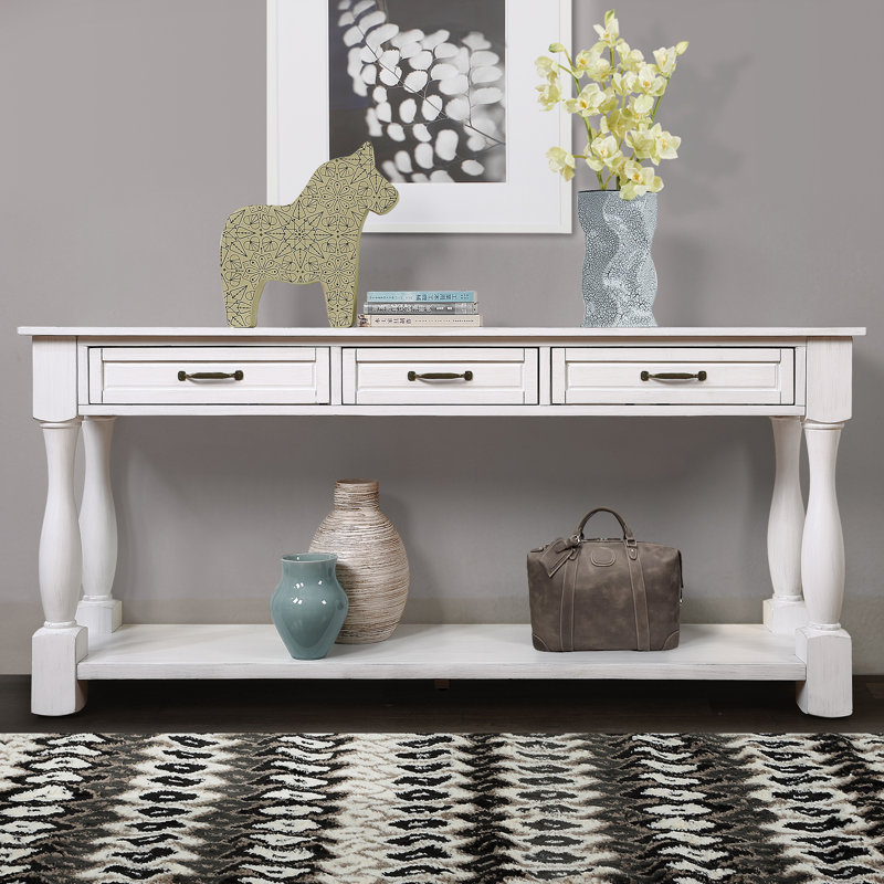 Console en bois de 63 po de long avec 3 tiroirs et 1 tablette inférieure pour le couloir d'entrée, Blanc antique