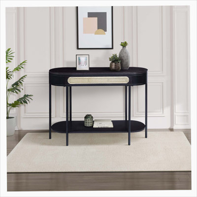 Table de canapé ovale noire avec tablette inférieure