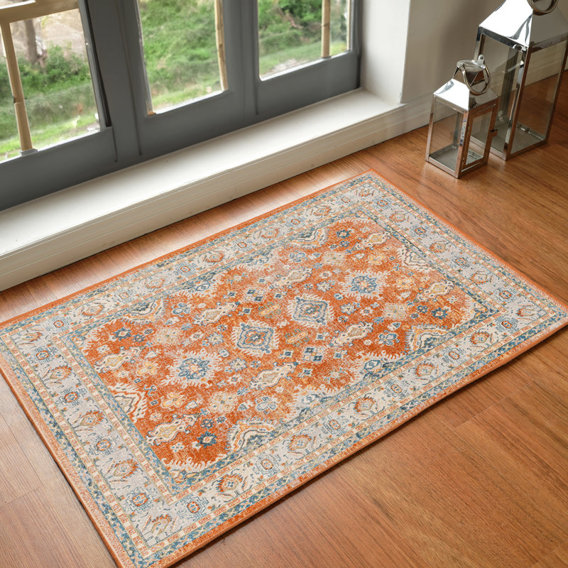 Machine Washable Brown/Blue, Rectangle 66 x 115cm