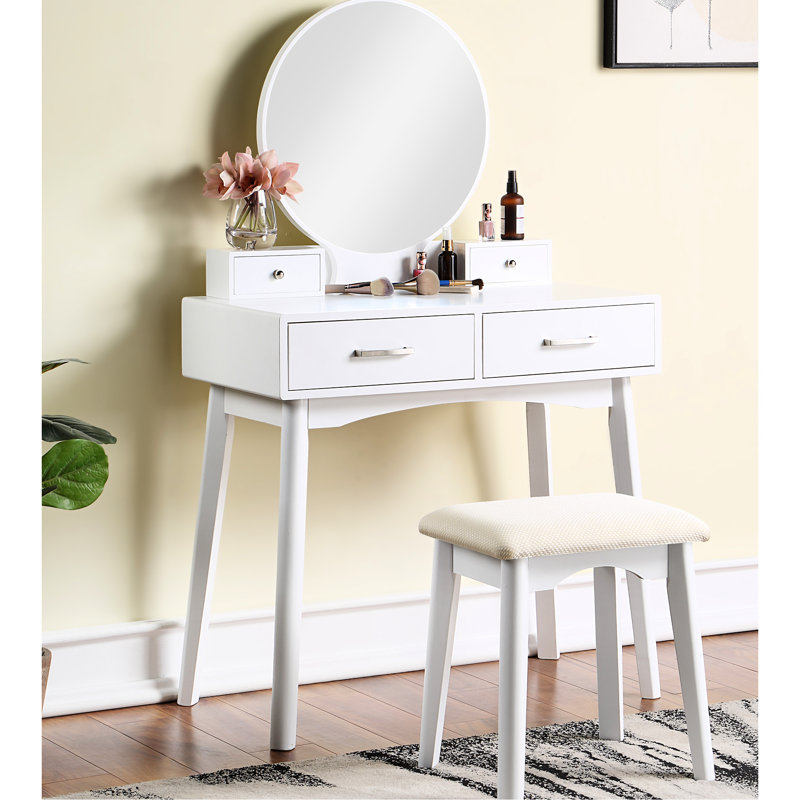 Contemporary Wood Vanity and Stool Set, White