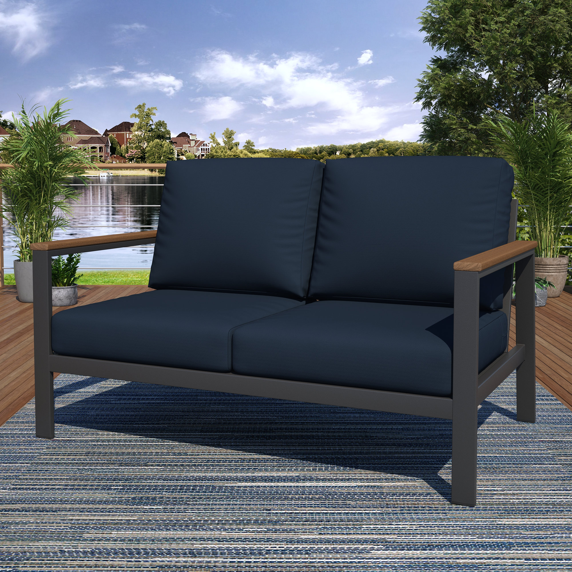 Townsend Loveseat with Sunbrella Cushion, Canvas Navy Sunbrella® Canvas, Brown
