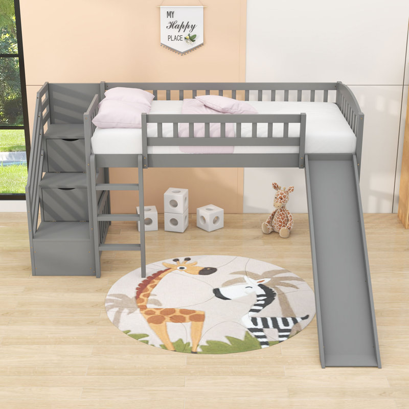 Twin Size Loft Bed With Staircase And Convertible Slide, Gray