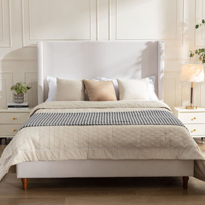 Hayden Upholstered Wingback Queen Bed, Elegant Textured Ivory Canvas, Easy Assembly, No Wooden Slats, Box Spring Required