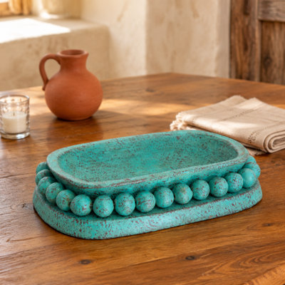 Long Turquoise Clay Bowl with Rosary Beads
